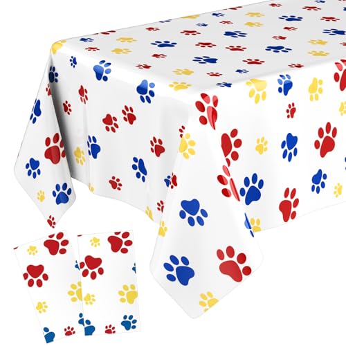 Gilprop 2 Pack Blue Dog Paw Print Tablecloth 54x108 Inch Large Puppy Themed Tablecloth Plastic Disposable Rectangle Table Cover for Puppy Dog Cat Birthday Party Supplies(Red,Paw Prints)