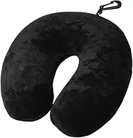 Almofada de Pescoço para Viagem com Enchimento de Silicone Anti-Alérgico, Tecido Fleece Extra Macio, Apoio Cervical Confortável, com Zíper e Mosquetão (Preto)