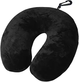 Almofada de Pescoço para Viagem com Enchimento de Silicone Anti-Alérgico, Tecido Fleece Extra Macio, Apoio Cervical Confortável, com Zíper e Mosquetão (Preto)