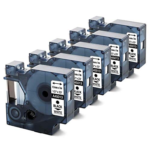 Anycolor 45013 12mm cinta de etiquetas Compatible para DYMO D1 45013, 5 Roll negro sobre blanco S072053 para Dymo LabelManager 160 280 260P 360D 500TS LabelWriter 450 DUO LabelPoint 150 250