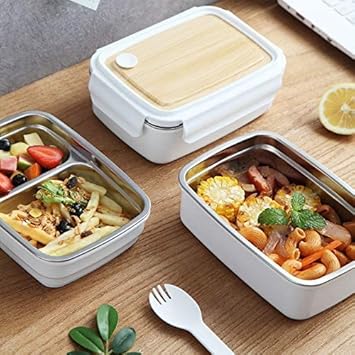 Lunch Box for Kids 3 Compartment 2 Layer Insulated Lunch Box Stainless Steel with Wooden Style lid Tiffin Box for Boys, Girls, School & Office Men. 1400ML. (Multicolor)