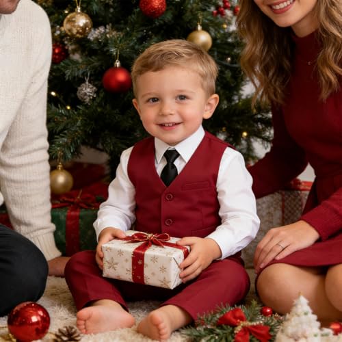 Image of Baby Boy Formal Suit for Toddler Infant Tuxedo Dress Suits | Little Gentleman, Wedding Ring Bearer Outfit, Vest Pants Long-Sleeve Shirt Tie, Birthday Party Christmas Prom, Classic