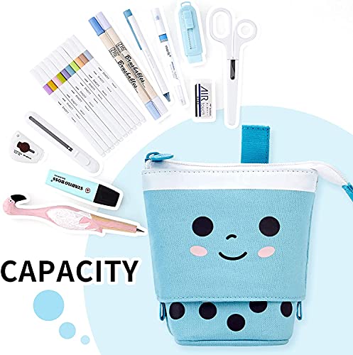 Image of Polyester Standing Case Cute Pencil Pouch For Girls - Korean Boba Pop Up Stationery Makeup Cosmetic Organizer Box | Pen Pencil Pouches | Stationary for Boys Kids Women School Students(Blue)