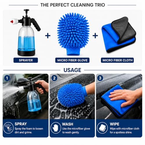 Image of 2 Litre Premium Foam Sprayer, Glove & Microfiber Cloth Durable Pump for Car Wash, Cleaning, Garden, DIY, Portable Foam Bottle