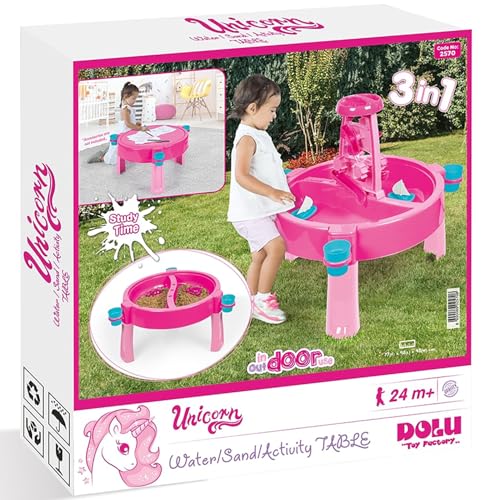 Dolu: 3-in-1 Water & Sand Activity Table - Unicorn, Pink, Blue - Convert to Creativity Table w/Lid, Indoor/Outdoor Sensory Toy, Toddler Kids Ages 2+