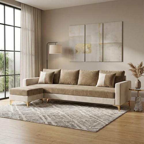 Image of Classiq Rich 5 Seater L Shape Sofa Set with Movable Ottoman | Flexible Layout | Spacious Soft Touch Seating | Designer Sofa for Living Room (Beige-Cream)