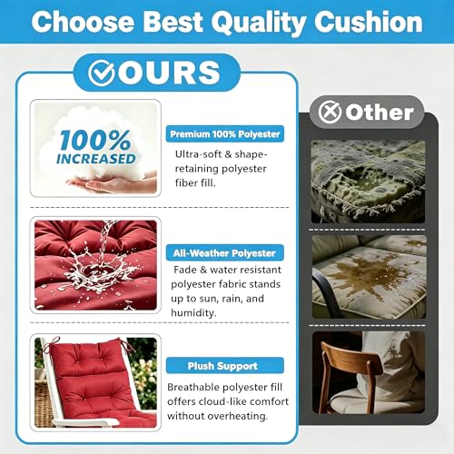 Image of QILLOWAY Outdoor Chair Cushion for Patio Furniture, Waterproof Patio Cushions Set of 2 with Ties, Fade Resistant Replacement Pads for Outdoor Rocking Chairs,Red