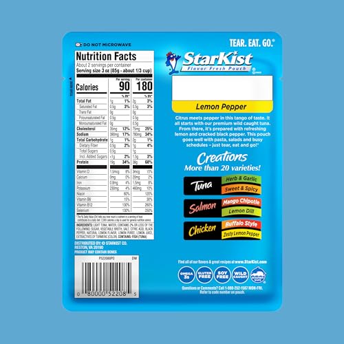 Image of StarKist Tuna Creations Lemon Pepper Pouch (6 oz - 12 Pack) Wild Caught, High Protein Shelf Stable Seafood, Gluten Free, Soy Free, No Draining, Ready to Eat for Salads and Sandwiches
