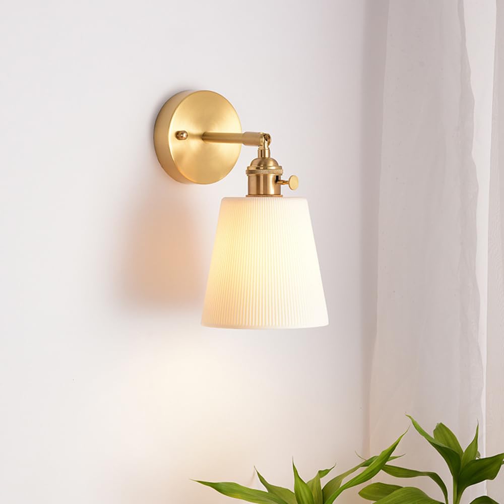 Applique da Parete Moderna in Ottone, Lampada da Parete in Ceramica Bianca con Interruttore Rotante, Applique da Comodino Regolabile, Lampada da Parete Vintage per Arredamento casa, per Camera da