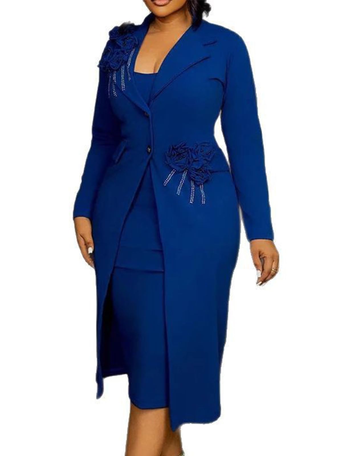 Molisry Women's 2 Piece Blazer Dress Set Formal Rhinestone 3D Flower Bodycon Midi Dress with Overcoat Business Suit Set