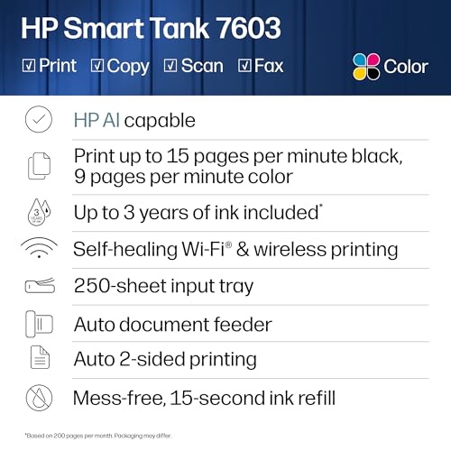 Image of HP Smart Tank 7603 Wireless All-in-One Ink Tank Printer, Scanner, Fax, Copier with up to 3 Years of Ink Included, Best-for-Home Office, Cartridge-Free Refillable, AI-Capable (D34F7A)