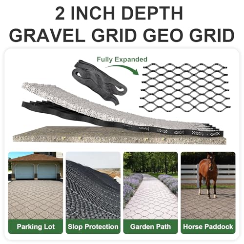 Image of Gravel Grid 2'' Depth with Metal Stakes, 6.6x16.4 FT Geogrid for Gravel Driveway 2200 lbs per Sq FT Erosion Control Ground Grid Gravel Stabilizer Grid for Driveway, Parking Lot, Slope, Walkway, Patio