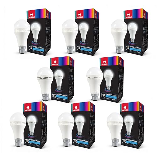 Image of HAVELLS 8.5w LED Emergency Bulb | Shatter Resistant |Cool Day White (6500K) | B22 LED Bulb Base | Inverter Bulb for home,4 Hours battery back up| Li-ion Battery | Over charging Protection (Pack of 8)