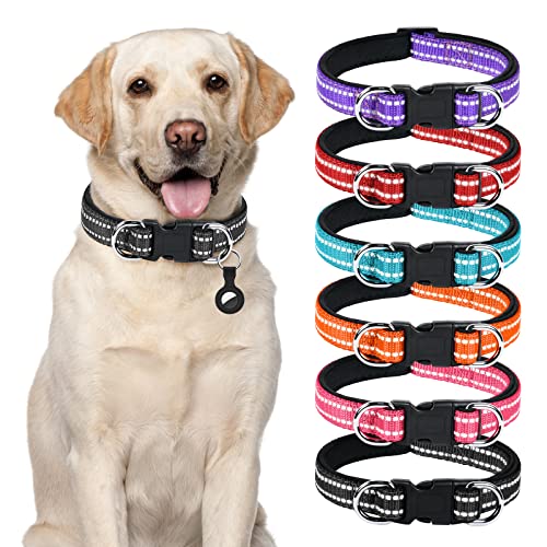 AUAUY Reflektierend Halsband Hund, Verstellbares Atmungsaktives Hundehalsband, Weich Gepolstertes Neopren Nylon Hunde Halsband mit AirTag-Hülle Doppel-D-Ring für Kleine Mittel Große Hunde(Schwarz-S)