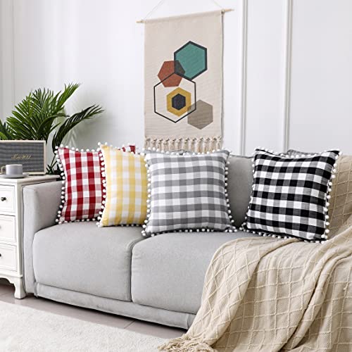Throw Pillow Covers Red And White Buffalo Check Plaid Patterm 20 X 20 Inches Cushion Cover Tartan Farmhouse Pillow Cases Pillow Shams With Pompoms For Sofa Couch Car Bedroom, Pack Of 2, Red/White #TOP5