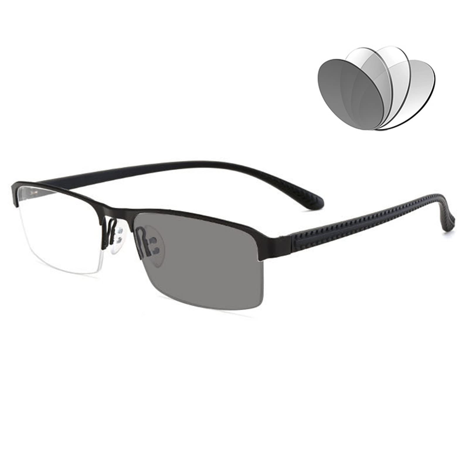 JYCCH Halbrahmen-Lesebrille für Herren, intelligente Farbwechsel-Sonnenbrille, elastische Bügel, photochrome Brille für ältere Menschen, GunColor-+0.00 (Schwarz 2.75)