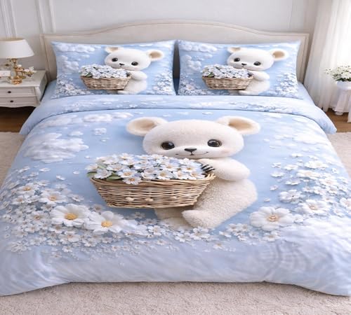 Image of 7D Flat Bedsheet 400TC Sheet Set, Kids Design bedsheet, Floral Design, Decorative Bedding with Daisy Pattern, Kids Room Decor, 90X100 Inch (Teddy)