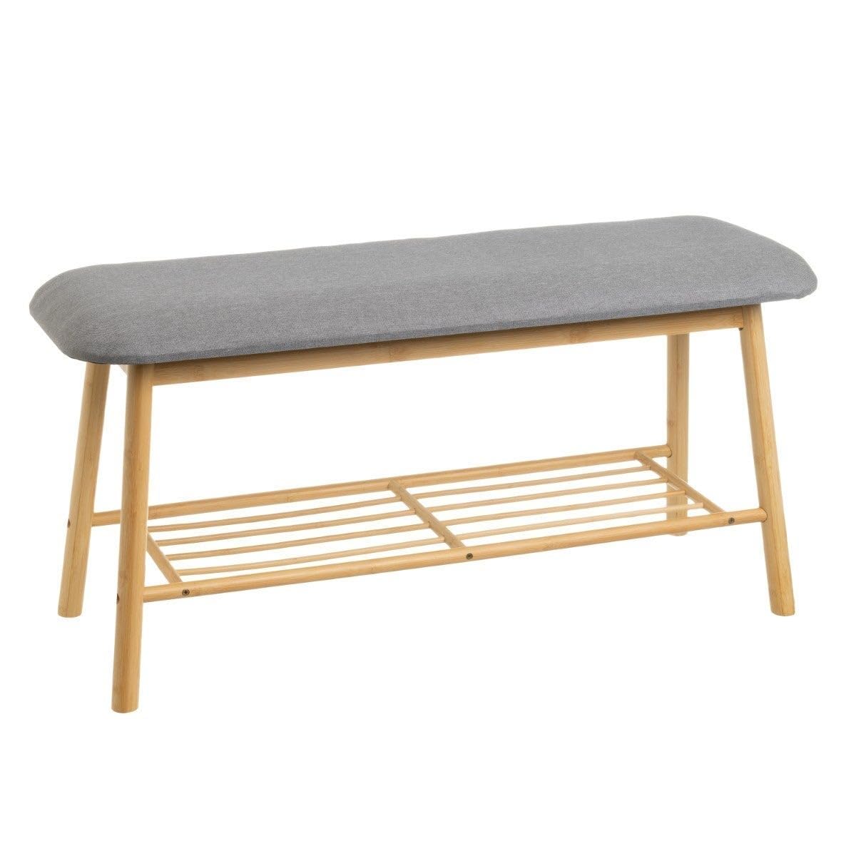 Banco zapatero de bambú marrón y poliéster gris para entrada, de 90x30x44cm | Mueble 2 en 1 robusto y acogedor. Organiza fácilmente tu calzado y disfruta del máximo confort al calzarte todos los días