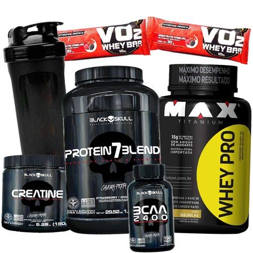 Combo Duplo Black Skull Max Titanium Whey Pro 1kg Puro Wey Protein 7 Blend Creatina Bcaa Promoção