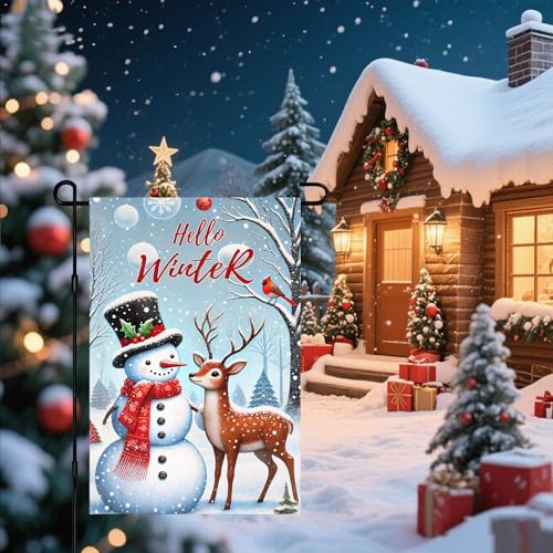 Image of BlissYard Garden Flag Snowman Deer Forest Winter 12x18 Inch Polyester
