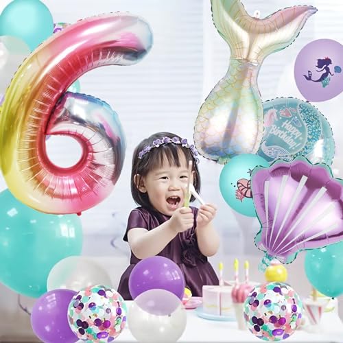 Image of Mermaid Birthday Decorations Mermaid Balloons - Number 6 Balloons for Girls Under The Sea Mermaid Theme Baby Shower Birthday Favors