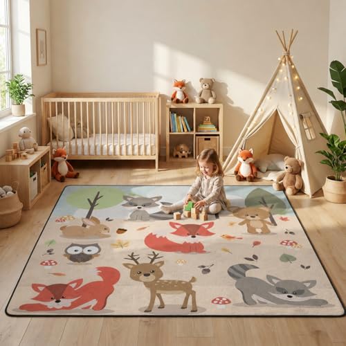 Image of Pink Cartoon Forest Animals Area Rug, Cute Woodland Rugs for Kids 5'x7' | Soft Durable, Non Slip, Low Pile, Kid & Pet Friendly, Deer, Bunny, Bear, Fox, Carpet for Kids Bedroom, Girls Room