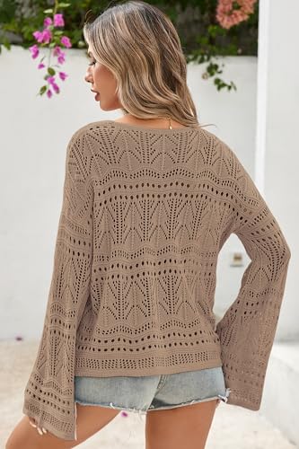 Cakulo Womens Spring Summer Crochet Bell Sleeve Tops Off The Shoulder Knit Sweater Top Beach Cover Up4