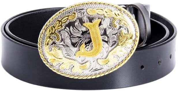 Belts Men,Western Belt Buckle Initial Letters ABCDEFG Cowboy Rodeo Gold Large Belt for Men and Women,J Black,110CM/43.3