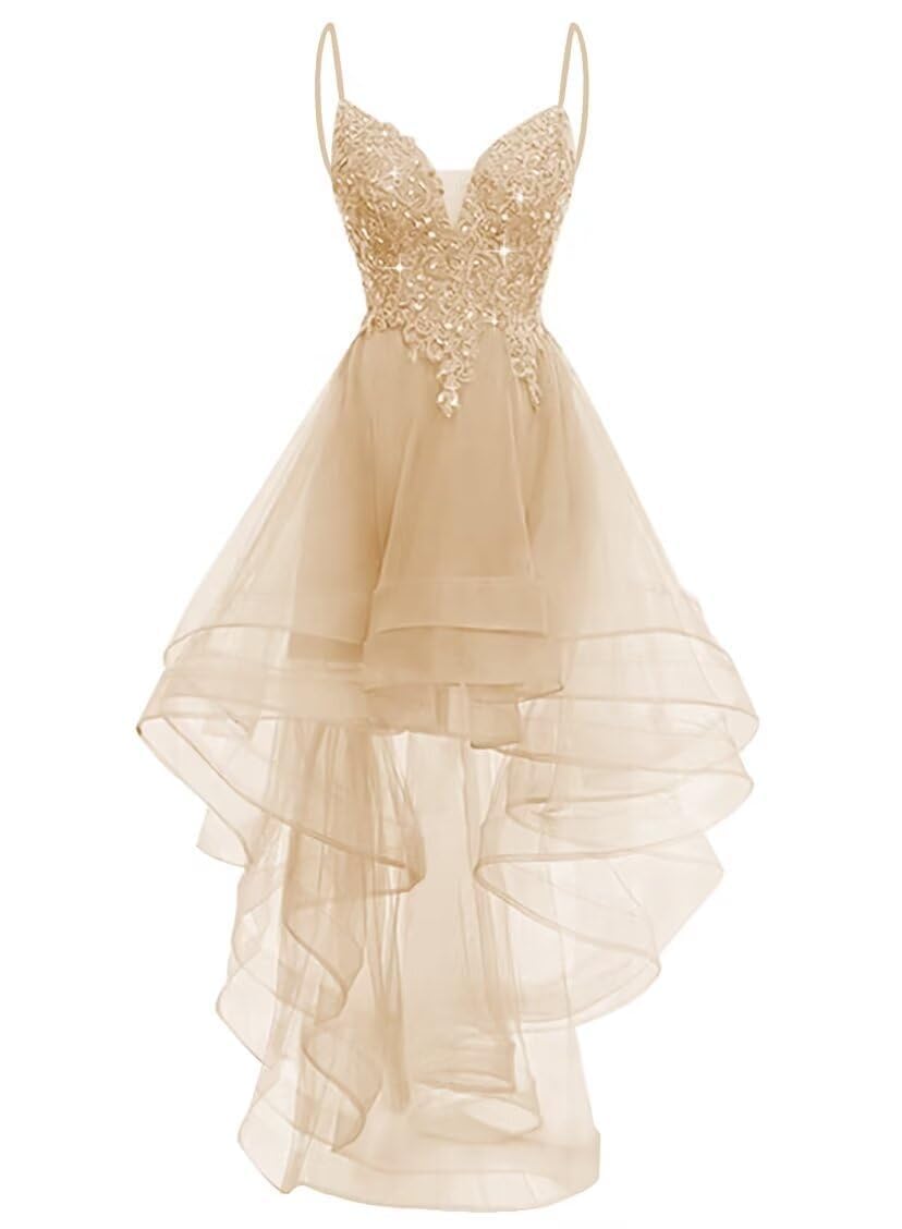 YIANN Lace Applique Tulle Prom Dresses for Teens Corset Champagne Spaghetti Strap V Neck Ball Gown Formal Evening Dress UK16