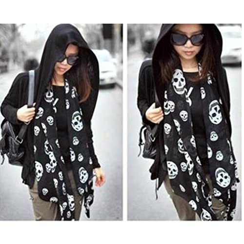 Soft Chiffon Silk Scarf Skull Print Scarf Summer Beach Long Lightweight Shawl Fashion Scarves Hijab for Women(Black)4
