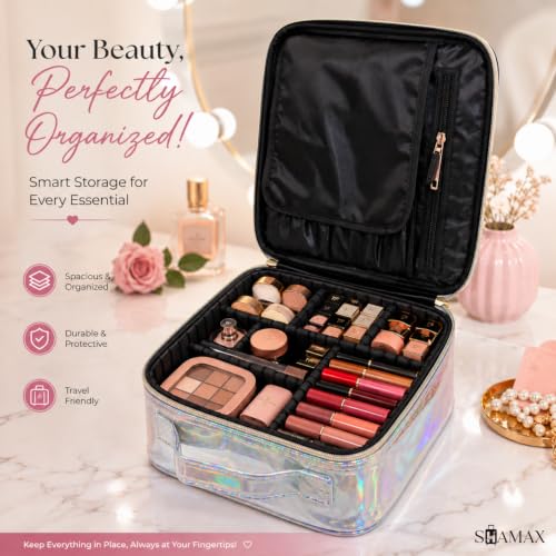 Image of SHAMAX Professional Makeup Case Organizer Bag for Women, Travel Cosmetic Kit Vanity Box with Adjustable Dividers, Portable Beauty Makeup Organiser & Cosmetic Travel Pouch | (Holographic Silver)