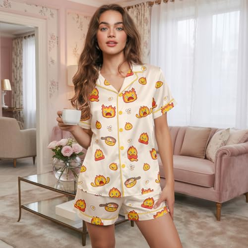 Image of Women 2PCs Satin Pajama Set Short Sleeve Silk Feel Gift Sleepwear | Soft stretch satin; relaxed comfort fit sizes S-3XL for sleep & lounge; short sleeve top, elastic waist shorts; easy care