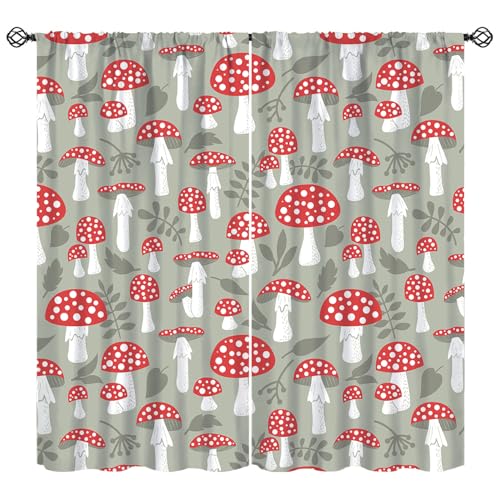 Mushroom Curtains, Cute Poisonous Amanita Pattern with Leaf and Berry Mushrooms Silhouettes Window...