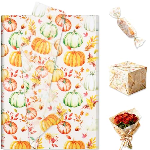 60 Sheets Pumpkin Fall Tissue Papers Pumpkin Maple Leaves Wrapping Tissue Paper Decorative Gift Wrapping Supplies for Thanksgiving Birthdays Baby Showers DIY Crafts 14 x 20 Inches