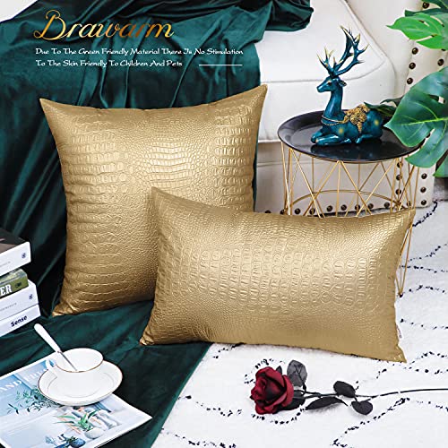 Brawarm Faux Leather Pillow Covers 18 X 18 Inches, Gold Leather Pillow Covers Pack Of 2, Crocodile Leather Decorative Throw Pillows For Living Room Couch Bed Sofa Home #TOP3