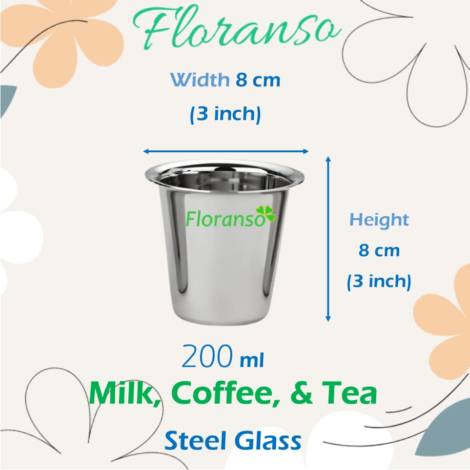 Image of 200 ml Stainless Steel Sober Big Milk Tea Coffee Water Glass Cup (200 ml Set of 6 pcs)