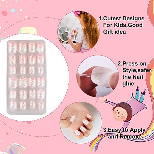Txmoyi 24 Pieces Kids Press On Nails Pre-Glue Children False Nails Stick On Short Full Cover Artificial Fake Nails Holo Glitter Acrylic Nail Tips For Little Girls Gift Nail Art Designs #TOP4