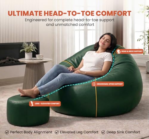 Image of Sattva Piping 3XL Sofa Style Bean Bag Chair with Beans Filled | Faux Leather Bin Bags Sofa Combo with Footstool & Cushion | Large Beanbags for Adults, Teens & Home - Dark Green with Yellow Piping
