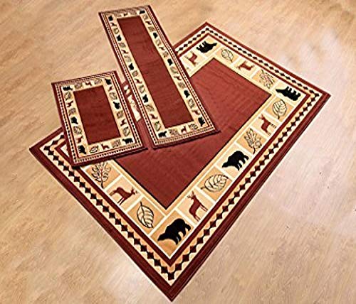 Furnishmyplace 3 Piece Wildlife Bear Moose Rustic Lodge Cabin Lodge Carpet Area Rug
