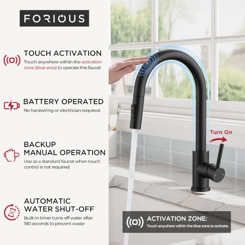 Image of FORIOUS Black Touch Kitchen Faucet with Pull Down Sprayer, Single Hole Kitchen Sink Faucet with Deck Plate, Touch Activated, Single Handle High Arc Stainless Steel, Fit for RV Bar Farmhouse Laundry