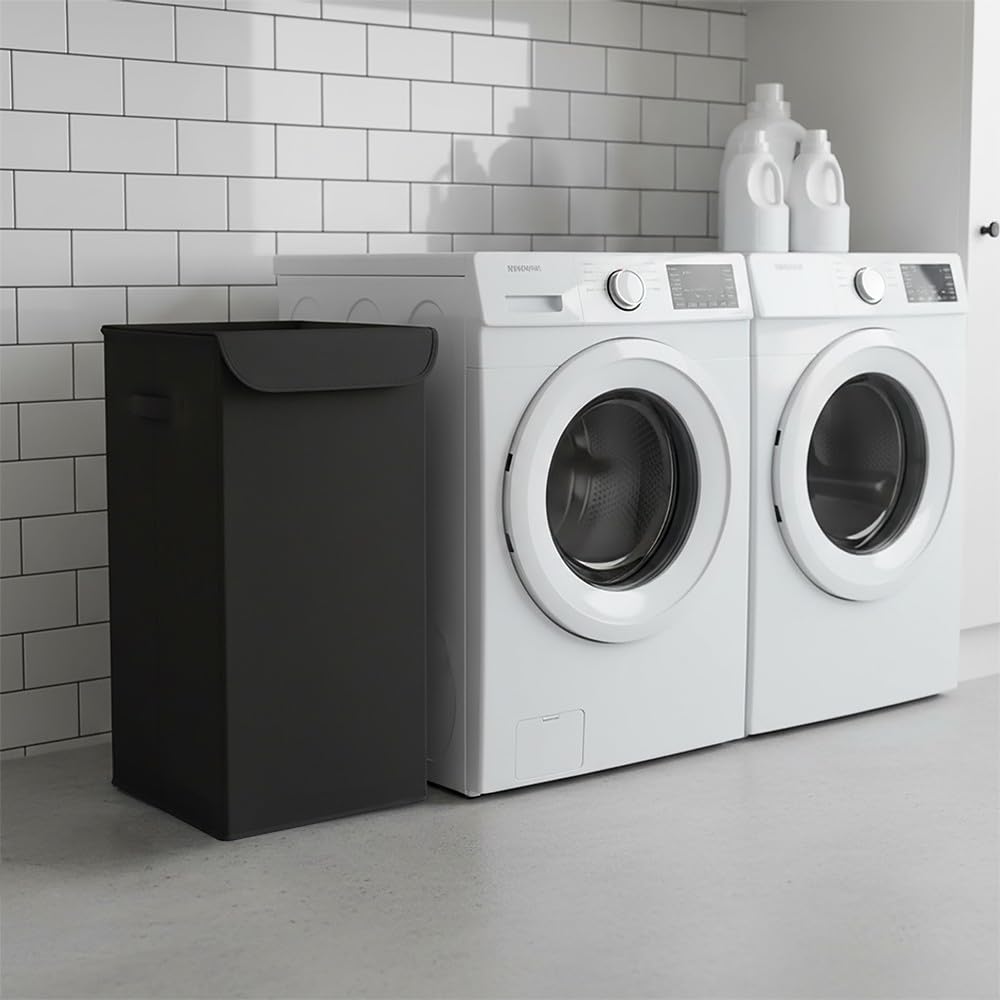 Box and beyond - Cesta de lavandería (30 x 30 x 60 cm, tela negra, tapa – asas – almacenamiento, ropa, ropa, baño, dormitorio, lavandería, estilo sencillo y práctico