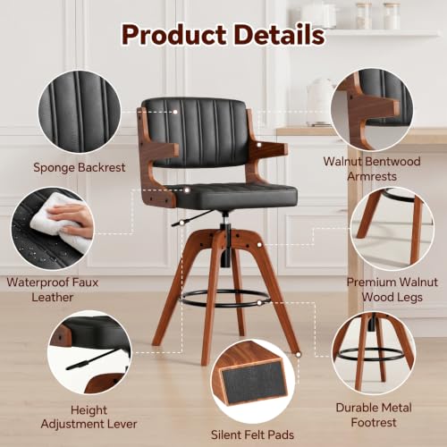 Image of Bar Stools Set of 4, Adjustable Swivel Counter Height Kitchen Island | Set of 4 Mid Century Counter Stools, Swivel Barstools with Back, Faux Leather Upholstered Bar Chair with Arm Back
