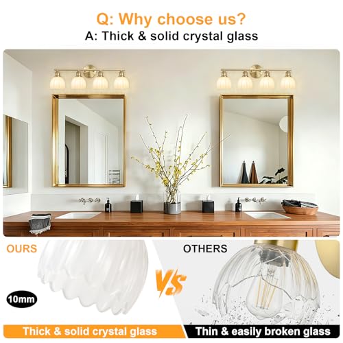 Image of Bathroom Light Fixtures, 4-Light Brushed Gold Vanity Lights for Bathroom with White Tulip Glass Shade, 26 inch Vintage Bathroom Vanity Lighting Fixtures Over Mirror for Bedroom Living Room Hallway