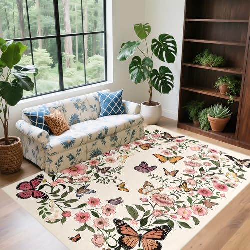 Floral Butterfly Rug 3'×5' - Washable Rug for Living Room Boho Beige Floral Carpet for Dining Room Door Mat Indoor Entrance 3'×5' Rugs Butterfly Mats