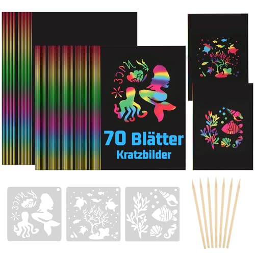 Lot de 70 feuilles de papier à gratter pour Enfants, Dessin Gratter avec 7 crayons en bois et 3 pochoirs de peinture, Carte a Gratter pour adultes, garçons,...