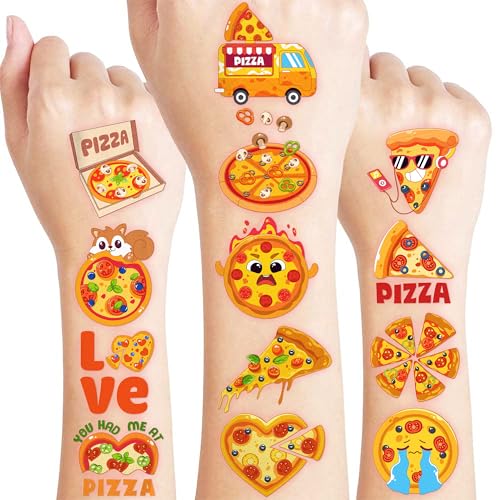 96PCS Pizza Pre-Cut Temporary Tattoos for Kids | Super Cute Pizza Themed Birthday Party Favors, Supplies, Decorations, Cute Food Fake Tattoo Stickers, School Rewards Prizes & Gifts for Boys & Girls