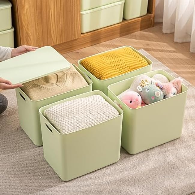 4 pack large plastic White storage bins Baskets, Toy Box Chest with Lids and Handle£¬Organizer Containers for Baby£¬Kids,snacks,Nursery£¬Shelves£¬Playroom, Bedroom£¬Office,Closet£¬home