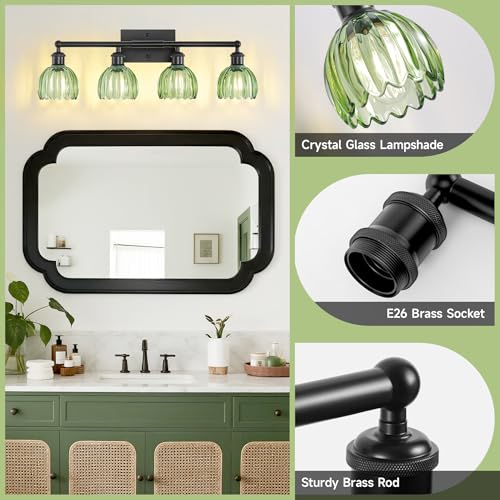 Image of Vanity Lighting Fixtures,4 Light Bathroom Vanity Light,Black Bathroom Light Fixtures Over Mirror,27.2 in Vintage Sconce with Green Tulip Glass Shade for Bedroom,Dressing Table, E26 Base