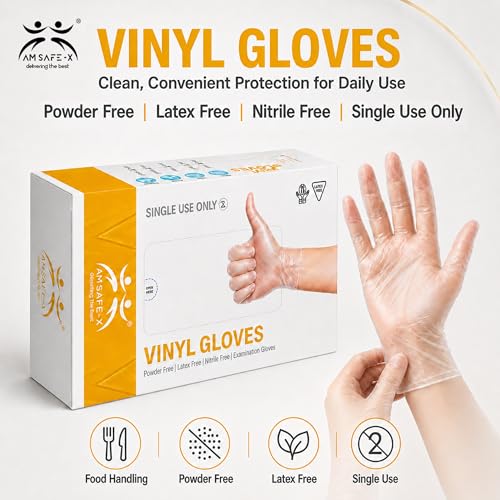 Image of AM Safe-X Disposable Transparent vinyl Gloves, Food Grade Single Use Plastic Gloves, Powder Free PE Gloves for Cooking, Food Handling, Cleaning, Kitchen, Salon & Household Use (Large - 80 Pieces)