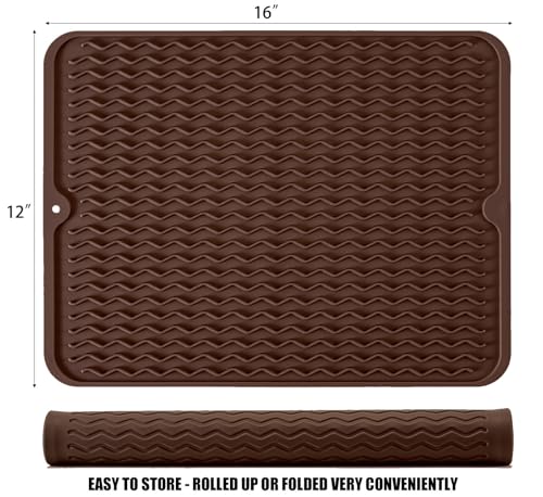 Image of Silicone Dish Drying Mat, Non-Slip Easy Clean Sink Mat Large Heat-resistant Dish Drainer Mat for Kitchen Counter, Sink, Refrigerator or Drawer liner (16 inch x 12 inch, COFFEE)